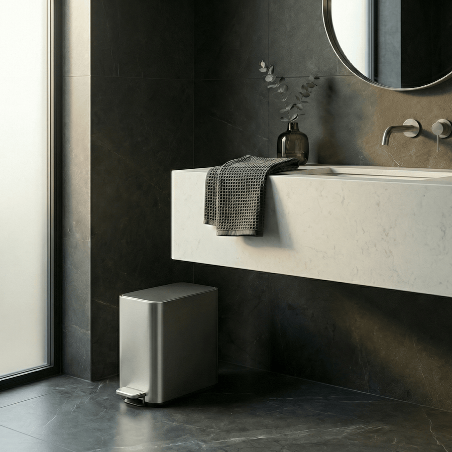 Simplehuman's Brushed 9L Slim Step Can in a darker bathroom environment with dark marble walls and floors.