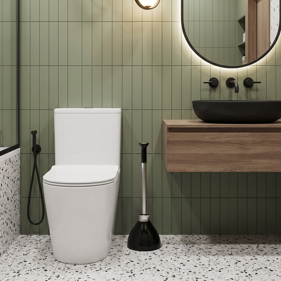 A Simplehuman Black Finished Toilet Plunger Placed Beside A Toilet. 