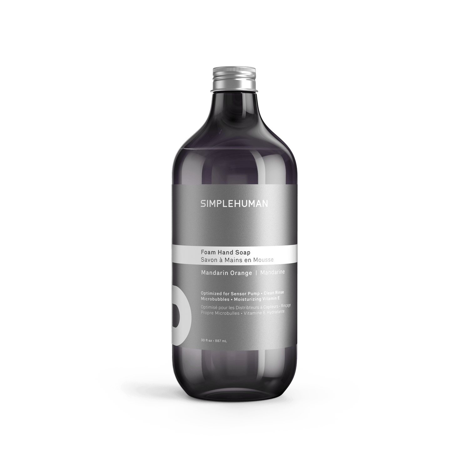 Simplehuman's Mandarin Orange Foaming Hand Soap in a charcoal colored bottle and titanium cap.
