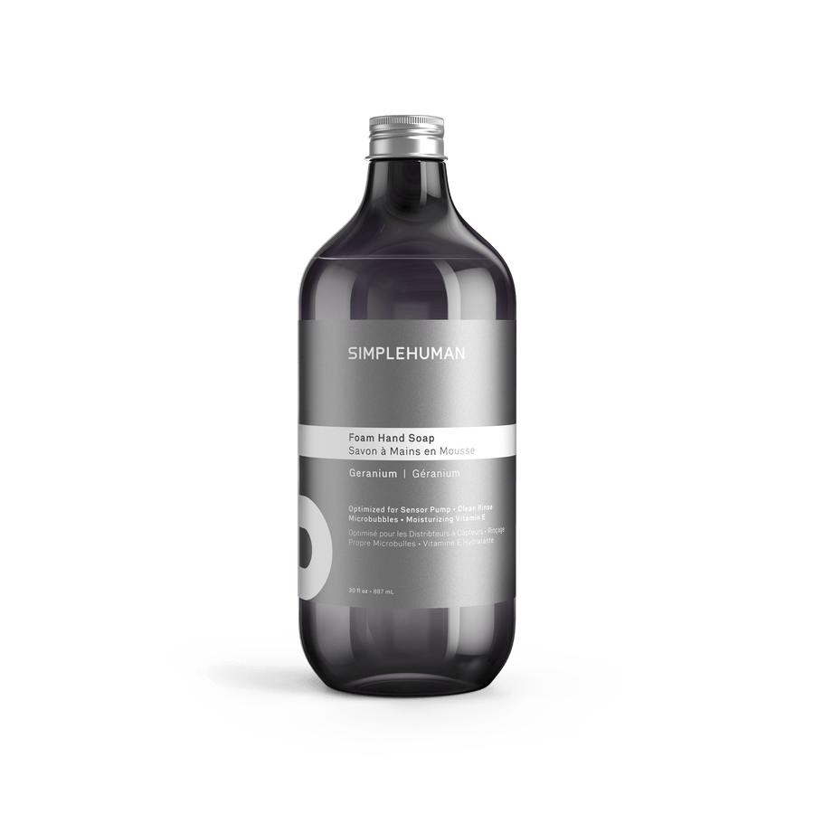 Simplehuman's Geranium Foaming Hand Soap in a charcoal colored bottle and titanium cap.