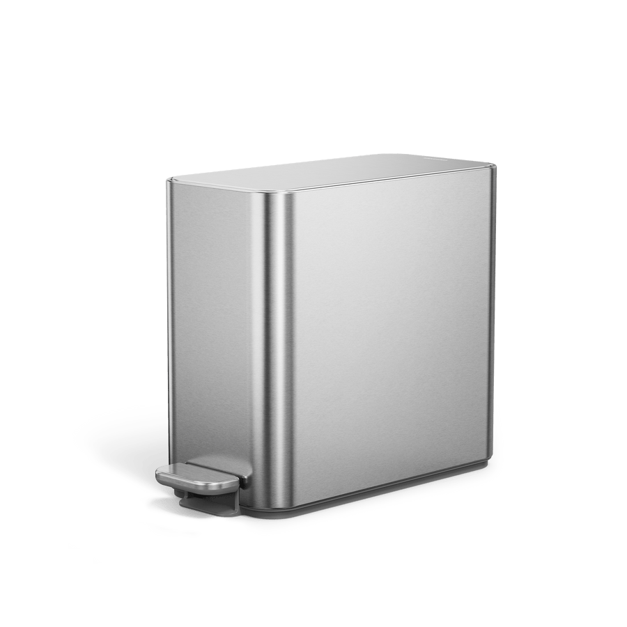 Simplehuman's 9L Slim Step Can in Brushed, angled view. 