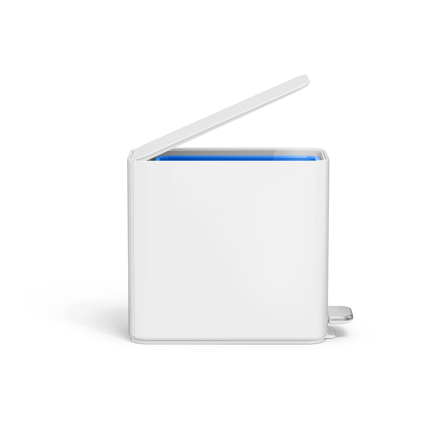 Simplehuman's 9L Slim Step Can in White side view with the lid open. 
