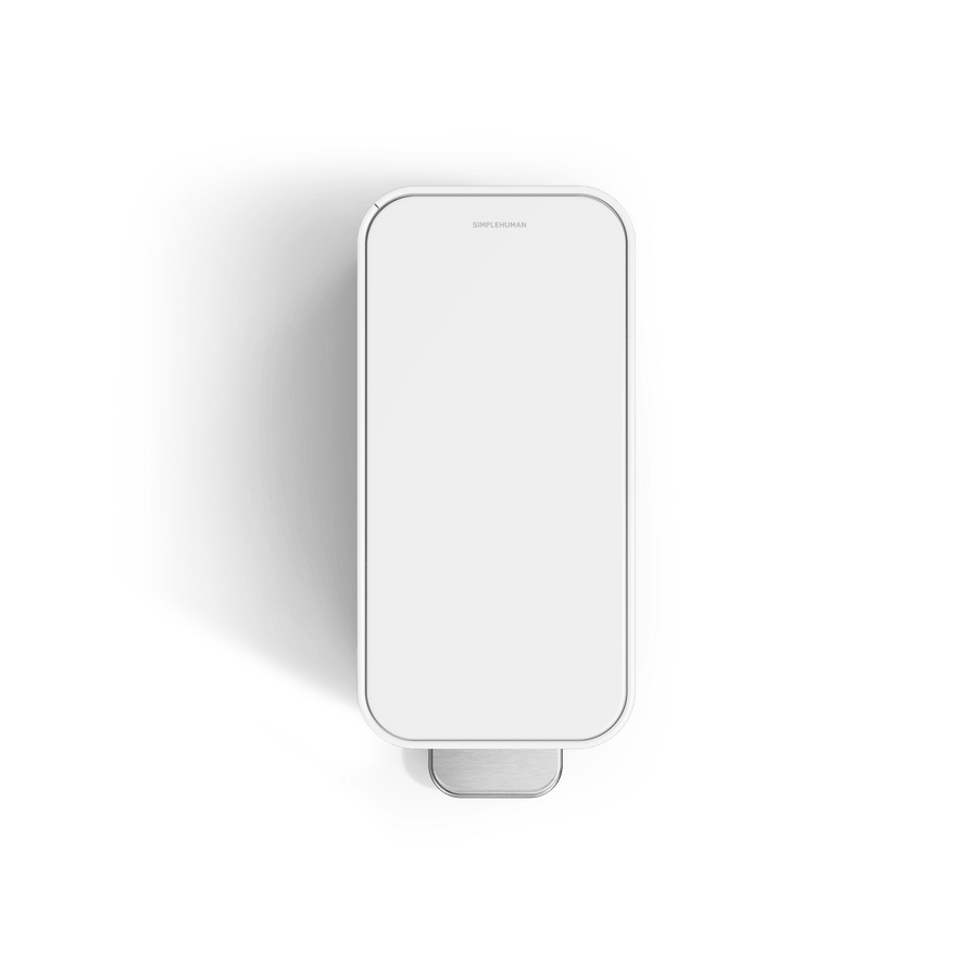 Simplehuman's 9L Slim Step Can in White top view showcasing the lid and pedal of the can. 