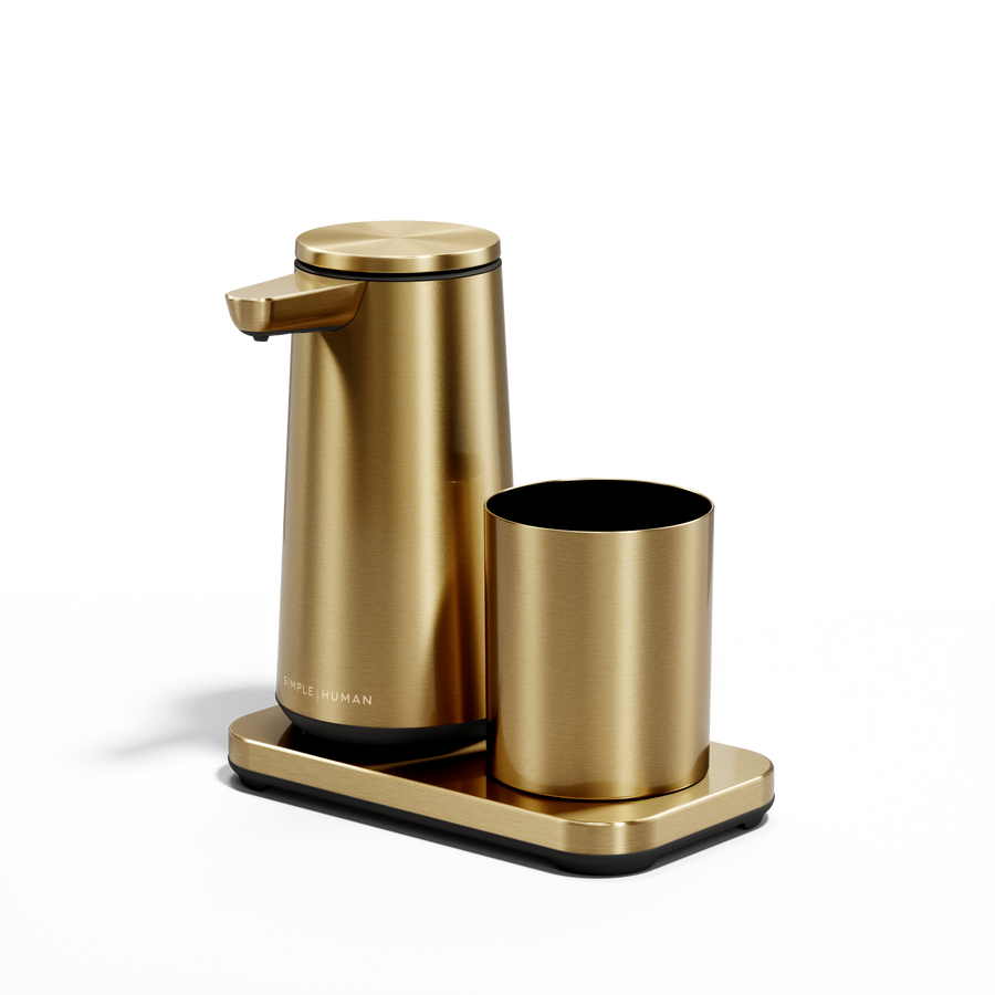 Straight front view: Simplehuman Brushed Brass touch-free Foam Sensor Pump and Cup set with removable drip-free tray.