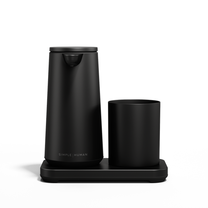 Front view: Simplehuman Matte Black touch-free Foam Sensor Pump and Cup set with drip-free base.