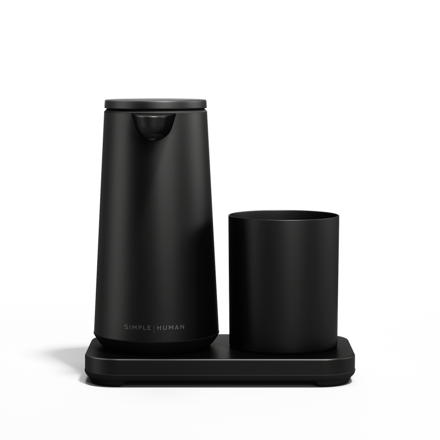 Front view: Simplehuman Matte Black touch-free Foam Sensor Pump and Cup set with drip-free base.