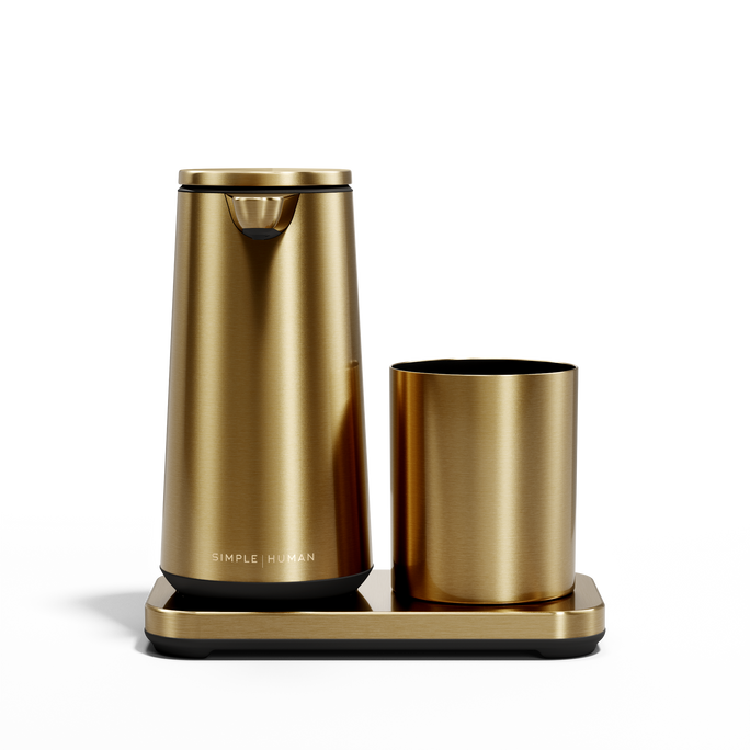 Simplehuman Brushed Brass touch-free Foam Sensor Pump and removable Cup set with drip tray.