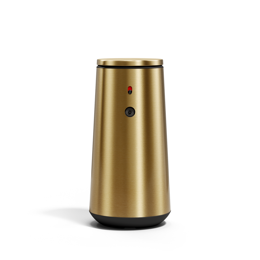 Simplehuman Brushed Brass Sensor Pump Foam, isolated straight front view showing sensor and indicator light, touch-free.