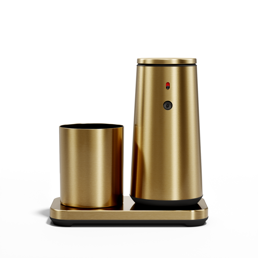 Centered front view: Simplehuman Brushed Brass touch-free Foam Sensor Pump and removable Cup on drip-free tray.