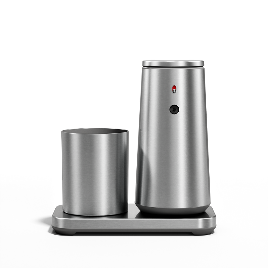 Simplehuman Brushed Stainless Steel touch-free Foam Pump and Cup set, shown with removable base for easy cleaning.