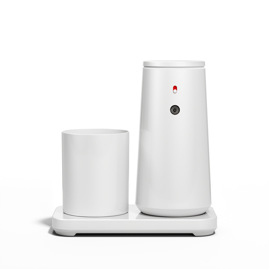 Straight front view: Simplehuman White touch-free Foam Sensor Pump and removable Cup on drip tray.