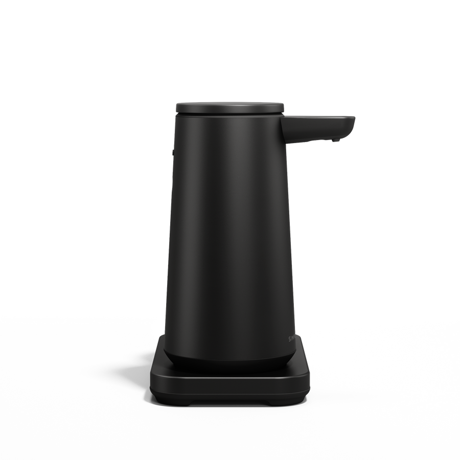 Side view: Simplehuman Matte Black touch-free Foam Sensor Pump and Cup on removable base.