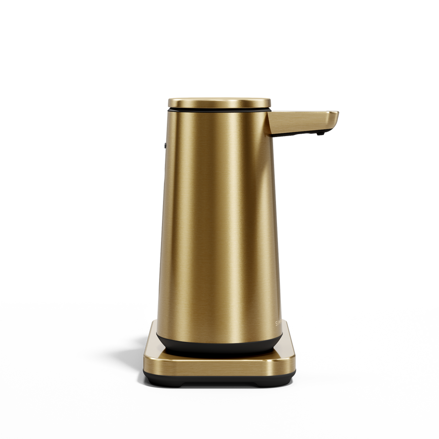 Side view of Simplehuman Brushed Brass touch-free Foam Sensor Pump with removable cup, drip-free design.