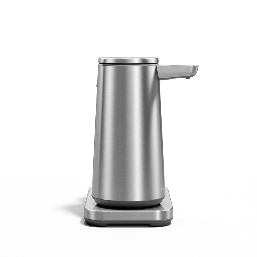 Front view: Simplehuman Brushed Stainless Steel touch-free Foam Sensor Pump with removable drip cup.