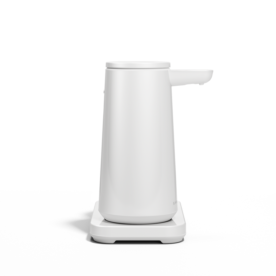 Side view: Simplehuman White touch-free Foam Sensor Pump and removable Cup, drip-free design.