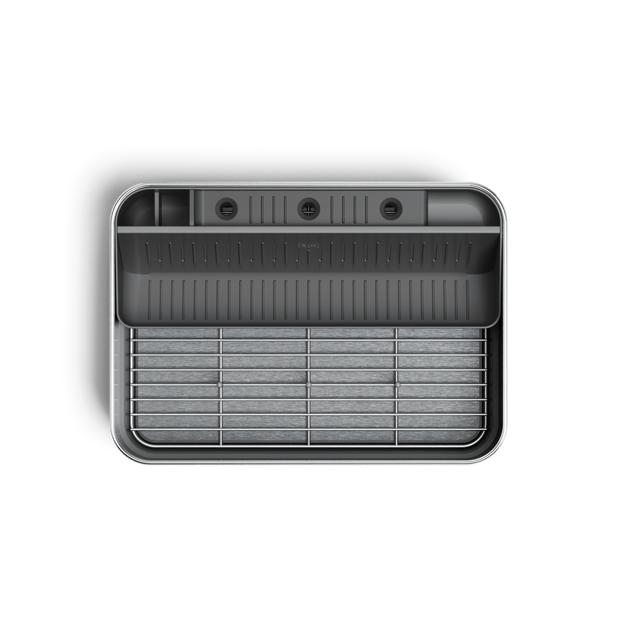 Top view of Simplehuman Brushed stainless steel Bottle Dock holding reusable bottles, lids, and straws.