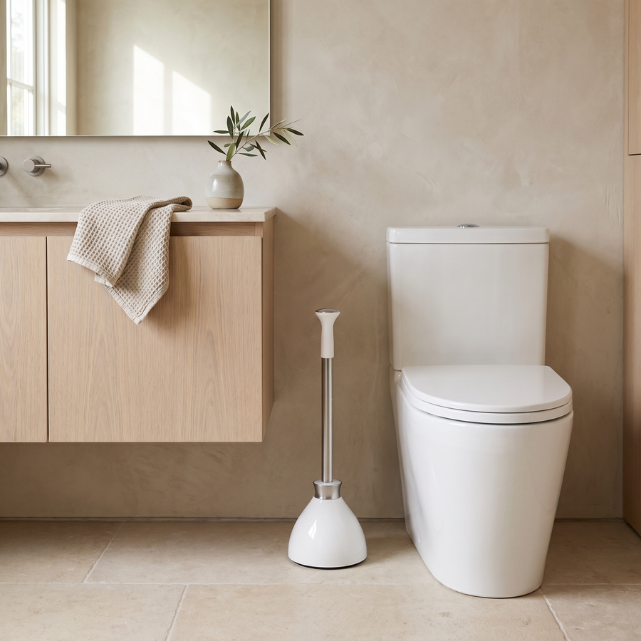 A Simplehuman White Finished Toilet Plunger Placed Beside A Toilet. 