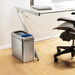 20L dual compartment slim open can - brushed finish - lifestyle next to desk
