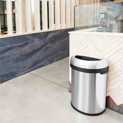 80L semi-round open can - brushed stainless steel - lifestyle in restaurant